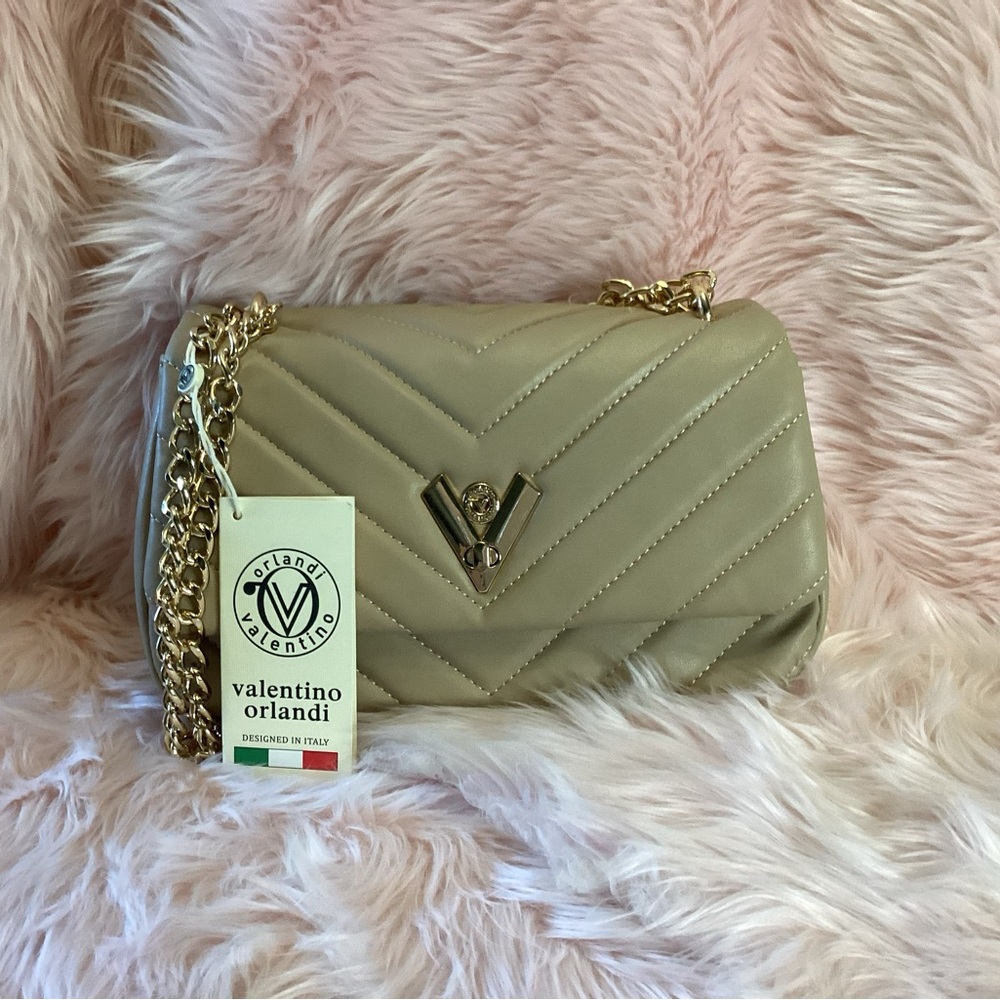 Valentino Orlandi Tan Quilted Shoulder Bag with Gold Chain strap